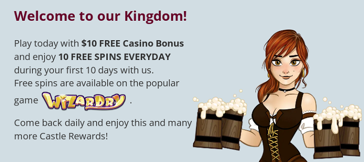 Casino Castle 100 Free Spins worth $100) on Wizardry $10 No Deposit Bonus