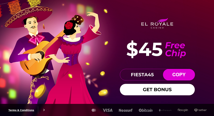 El Royale Casino $45 Free Chip No Deposit Bonus Code. The wagering play-through requirement is 50 times the bonus amount ($2,250), and you also get a larger maximum withdrawable amount of $135. All with no risk and no cost.