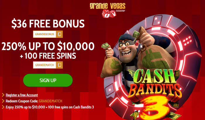 Grande Vegas Casino: $36 No Deposit Bonus + 250% Match with 100 Free Bonus Spins