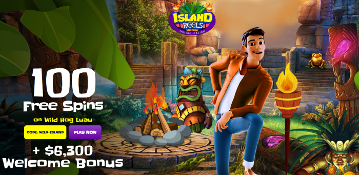 Island Reels 100 Free Spins No Deposit Bonus on Wild Hog Luau Slot + $6,300 Welcome Bonuses