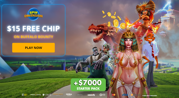 Spin Dimension: $15 No Deposit Bonus on Buffalo Bounty Slot + $7,000 Welcome Bonus Package