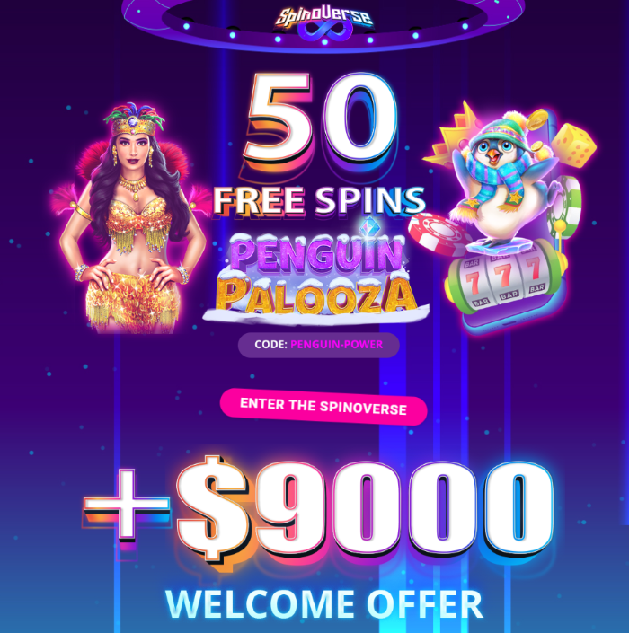 SpinoVerse 50 Free Spins No Deposit Bonus on Penguin Palooza Slot + $9,000 Welcome Bonuses