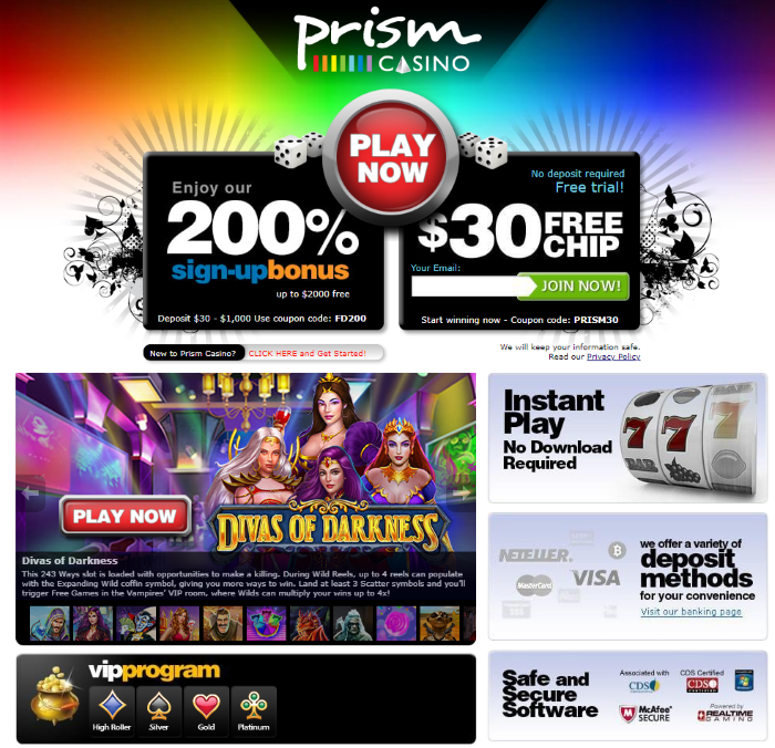 Prism Casino: $30 Free Chip No Deposit Bonus + 200% Bonus to $2,000 with 35 Free Bonus Spins