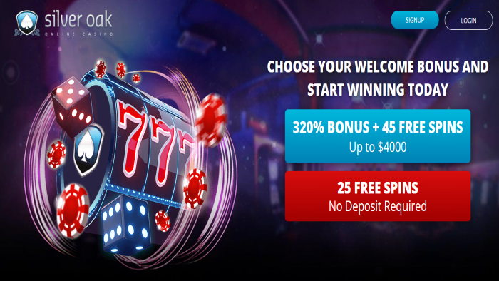 Silver Oak Casino: 25 Free Spins NO DEPOSIT BONUS + 320% Match and 45 Free Bonus Spins