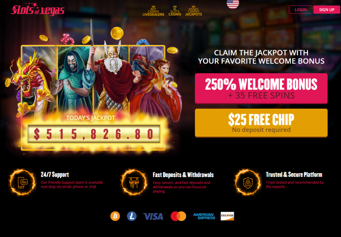 Slots of Vegas Casino $25 No Deposit Bonus + 250% Bonus with 35 Free Bonus Spins