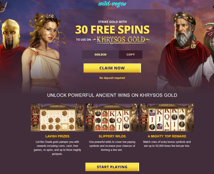 Wild Vegas Casino: 30 Free Spins No Deposit Bonus on Khrysos Gold