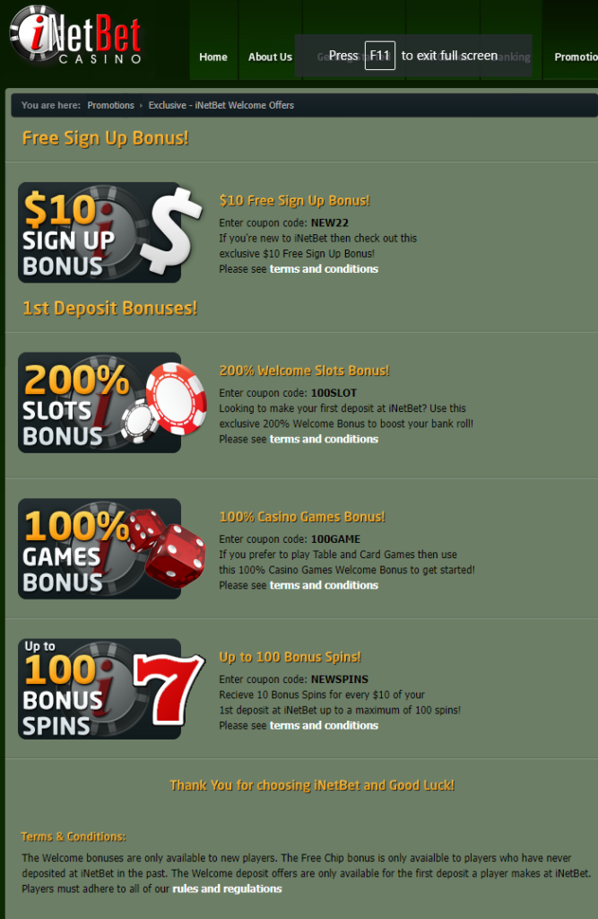 iNetBet Casino $10 NO DEPOSIT BONUS