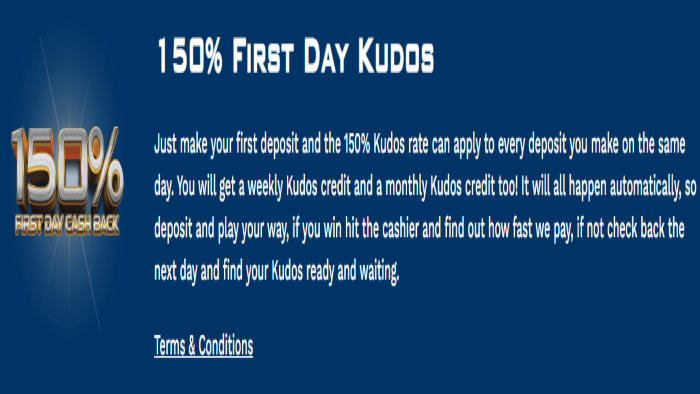 1st Deposit Kudos Casino 150 Percent CASHBACK