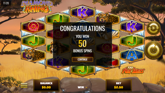 Candyland Casino: 50 Free Spins NO DEPOSIT Bonus on Diamond Rhino Classic Slot + 700% Match Worth $3,150