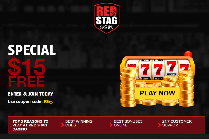 Red Stag Online Casino: $15 Free Chip NO DEPOSIT Bonus + $2,500 Match & 500 Free Bonus Spins