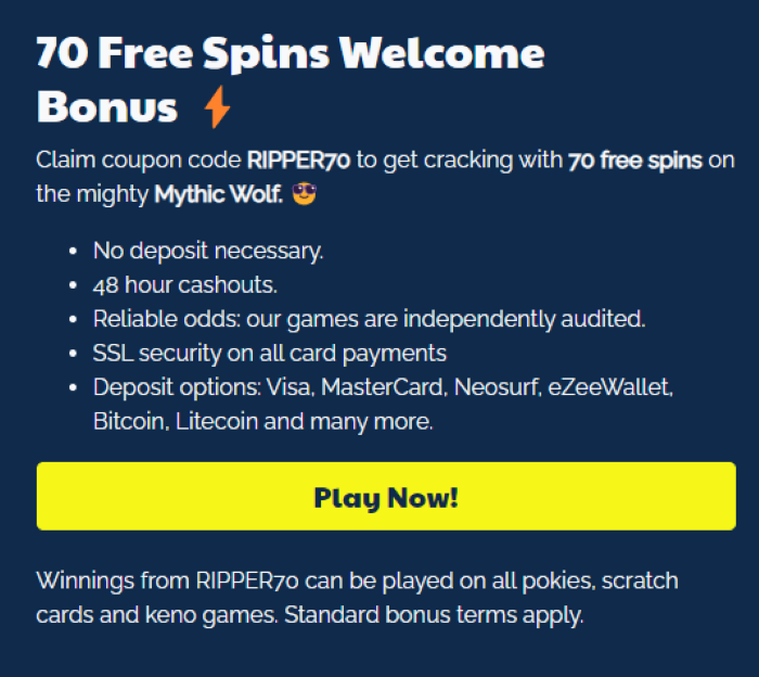 Ripper AU Casino: 70 Free Spins or $10 No Deposit Bonuses + $7,500 Free