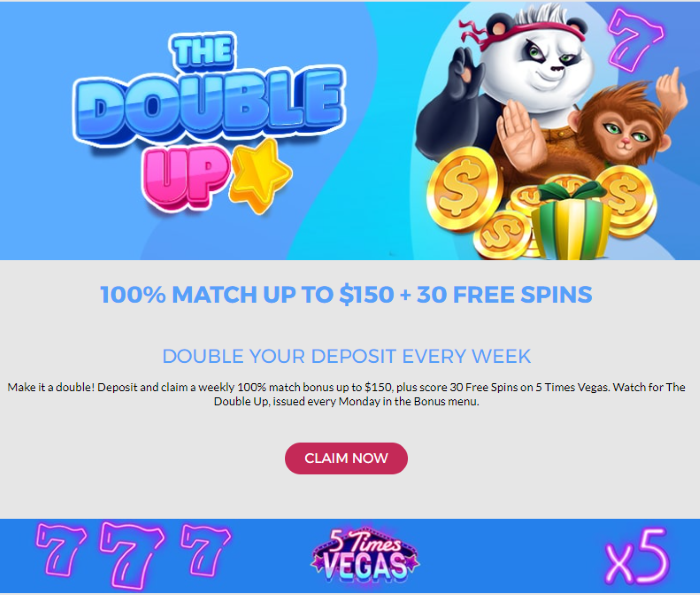 Slots LV Weekly 100% Match to $150 + 30 Free Bonus Spins