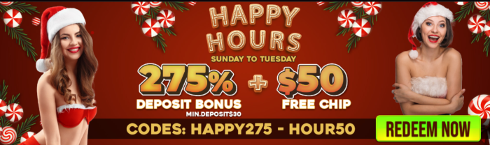 Sunday to Tuesday Happy Hour Bonuses at SxVegas Online Casino