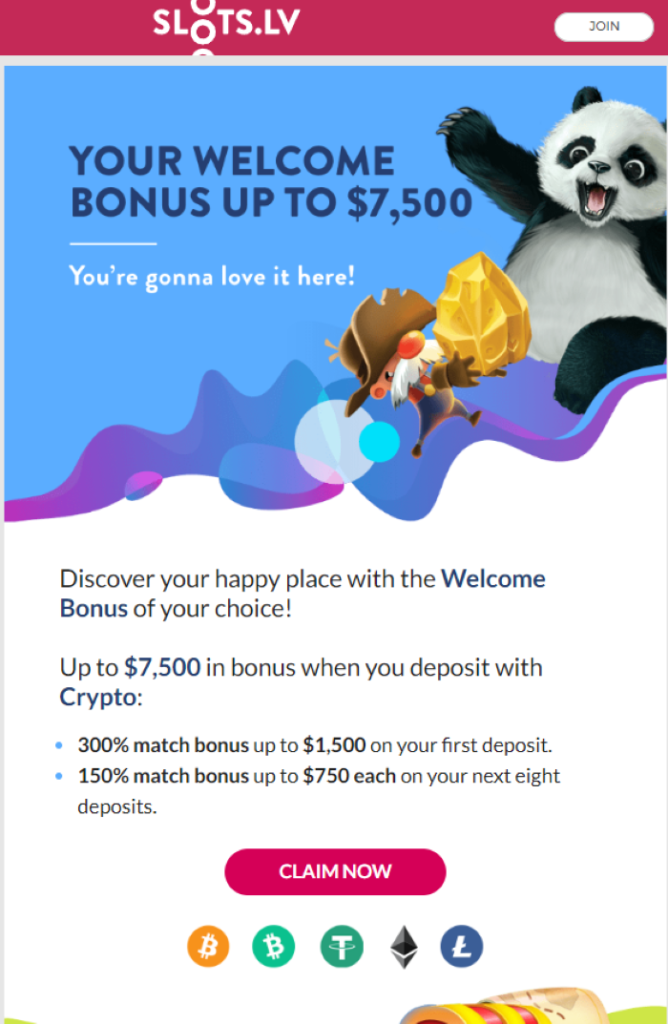 Slots LV Crypto Welcome Deposit Bonus Package