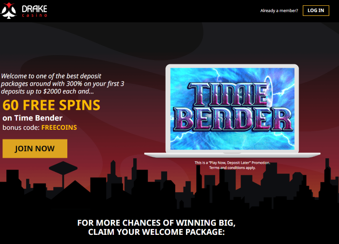 Drake Casino: 60 FREE SPINS on Time Bender Bonus Code | Play Now and Deposit Later + 2 Welcome Bonus Package Options