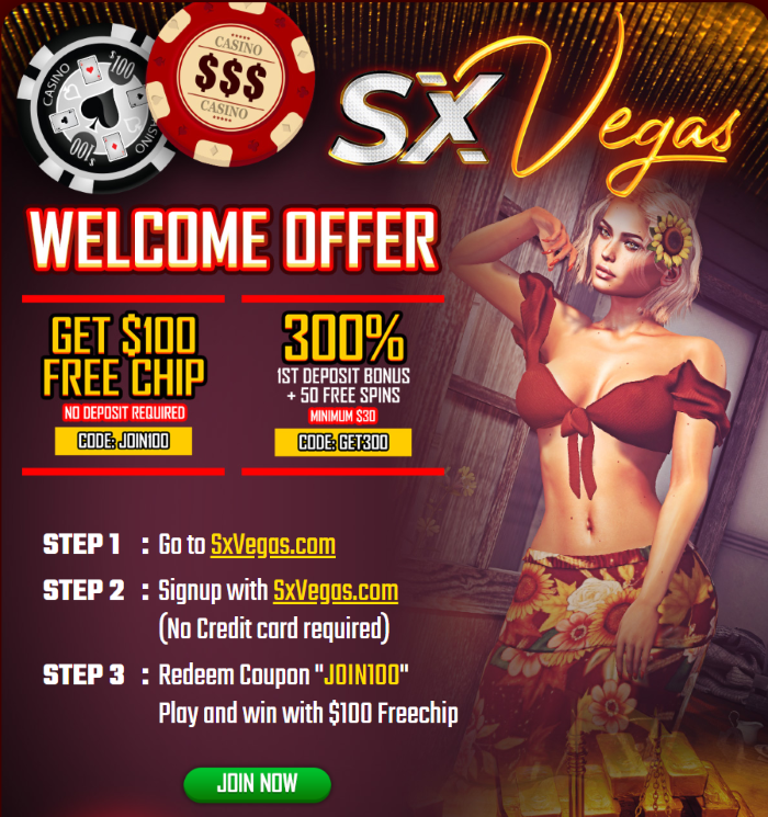 SxVegas Online Casino $100 Free Chip NO DEPOSIT Bonus + 300% to 500% Matches with 50 Free Bonus Spins or $25 to $100 Free Chips