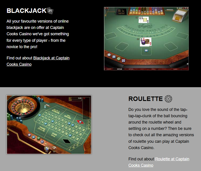 Captain Cooks Casino Games - Blackjack and Roulette