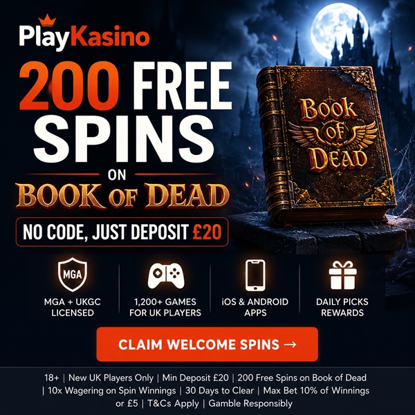 PlayKasino Casino Review 200 Free Spins on Book of Dead No Code, Just Deposit £20